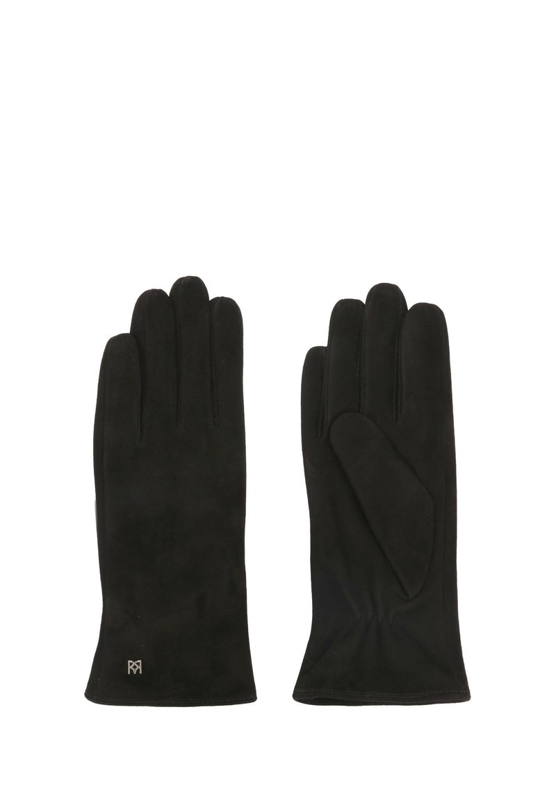 Crne suède rukavice glatke teksture, s pet prstiju i suptilnom oznakom na zapešću. Elegantan i prilagođen dizajn.