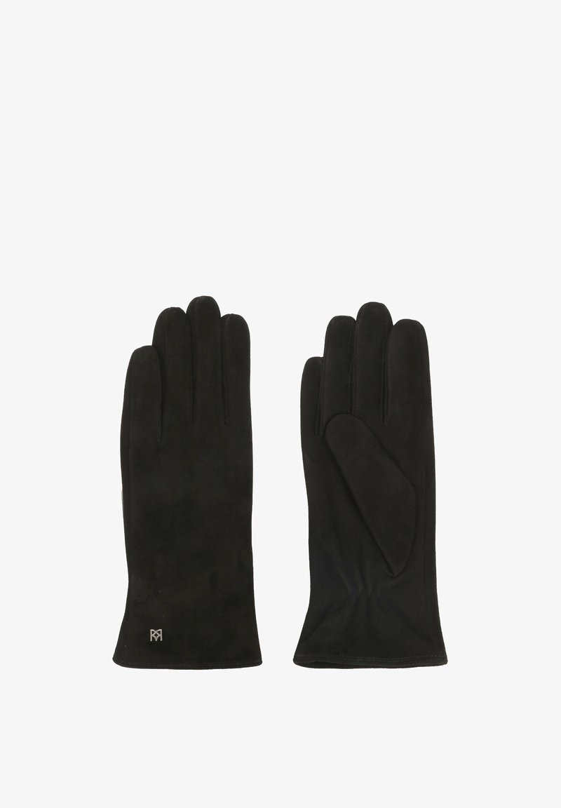 Crne suède rukavice glatke teksture, s pet prstiju i suptilnom oznakom na zapešću. Elegantan i prilagođen dizajn.