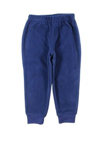 Joggers en polaire bleu marine avec une taille élastique, des jambes fuselées et des poignets côtelés. Texture lisse ; sans motifs ni accents visibles.
