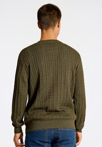 Maglione lavorato a maglia verde oliva con motivo a treccia, scollatura rotonda e polsini a costine. Presenta una vestibilità comoda e un tessuto textured.