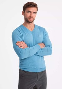 Maglione azzurro chiaro a scollo a V realizzato in un knit testurizzato. Presenta maniche lunghe e un design aderente con un dettaglio del logo sul petto.