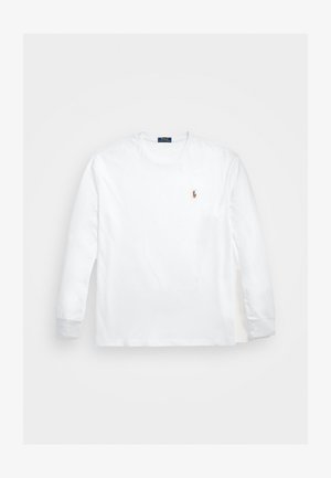 Camiseta blanca de algodón de manga larga con cuello redondo y puños acanalados, que presenta un pequeño logo bordado en el pecho.