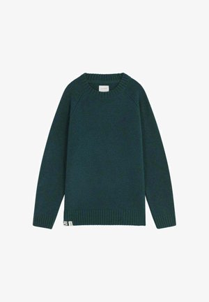 Pull en maille vert foncé avec un col rond, des poignets et un ourlet côtelés. Il présente des manches raglan et un petit logo près de l'ourlet.