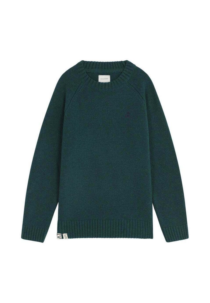 Suéter de punto verde oscuro con cuello redondo, puños y dobladillo acanalados. Presenta mangas raglán y un pequeño logo cerca del dobladillo.