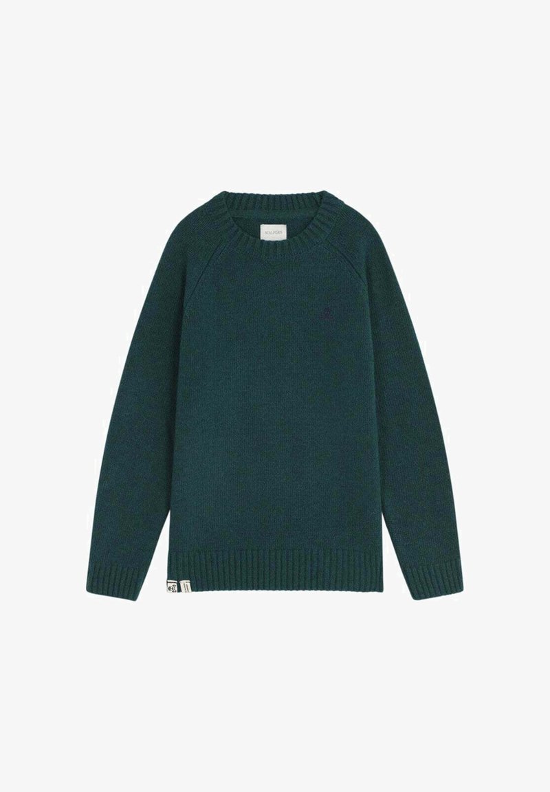 Ciemnozielony sweter z dzianiny z okrągłym dekoltem, ściągaczami na mankietach i u dołu. Posiada raglanowe rękawy oraz małe logo blisko dolnego brzegu.