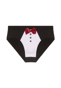 Sort og hvidt undertøj med stribemønster. Har en hvid frontpanel, tre knaps design og en accent med rød palietsløjfe.