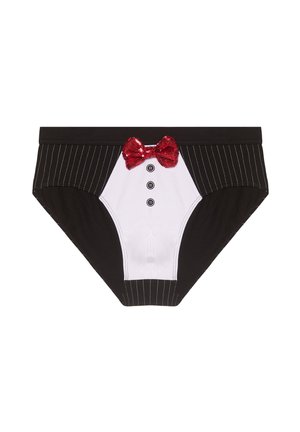 Musta-valkoinen alusvaatesetti, jossa on raidallinen kuosi. Siinä on valkoinen etupaneeli, kolmesta napista koostuva muotoilu ja punainen paljetti-sateenkaarikoriste.