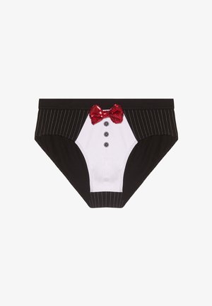 Musta-valkoinen alusvaatesetti, jossa on raidallinen kuosi. Siinä on valkoinen etupaneeli, kolmesta napista koostuva muotoilu ja punainen paljetti-sateenkaarikoriste.