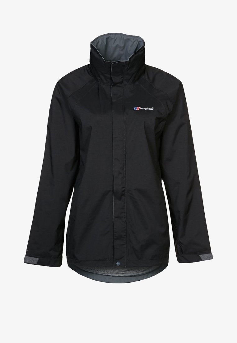 Veste imperméable noire avec col montant, fermeture éclair intégrale à l’avant recouverte d’un rabat, et logo Berghaus sur la poitrine gauche.