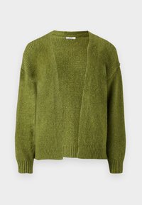 Grüne, offene Vorderfront-Strickjacke mit strukturiertem Strick. Mit langen Ärmeln und gerippten Bündchen. Weiches Material mit lockerer Passform.