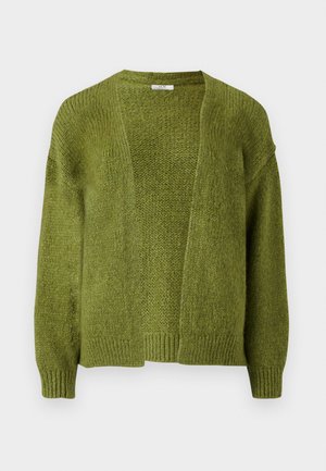 Grüne, offene Vorderfront-Strickjacke mit strukturiertem Strick. Mit langen Ärmeln und gerippten Bündchen. Weiches Material mit lockerer Passform.