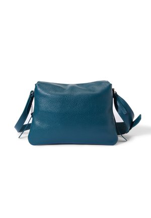 Torebka typu crossbody w kolorze teal z teksturowanym wykończeniem, prostokątnym kształtem i regulowanym paskiem. Posiada zamek błyskawiczny na górze.