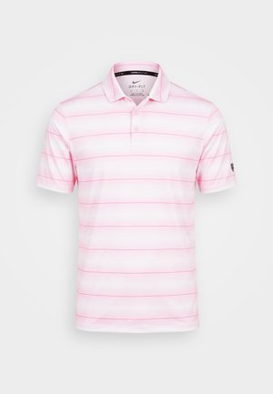 Polo de golf para hombre Nike de color rosa claro con finas rayas horizontales y tapeta de tres botones.
