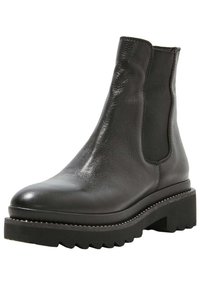 Stivaletto in pelle nera con pannelli laterali elasticizzati, punta rotonda e suola in gomma spessa e dentata. Presenta una texture liscia e un design robusto.