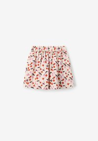 Jupe rose clair avec une taille élastique, ornée d'un motif de cerises en rouge et rose. Tissu doux avec une texture plissée.