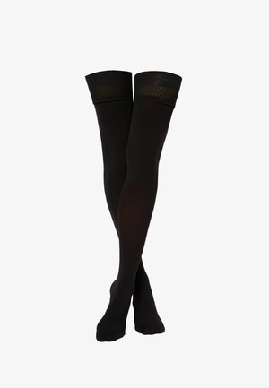 Black thigh-high stockings with a textured black lace fishnet band at the top. Smooth, opaque finish with no visible patterns.