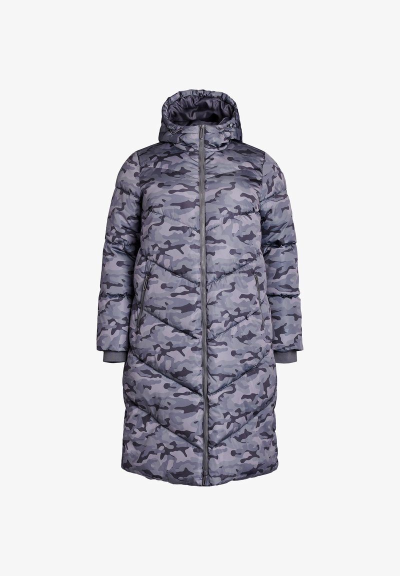 Napuštena parka s kapuljačom, koja ima sivi kamuflažni uzorak. Jakna ima središnji zip zatvarač, bočne džepove i rebraste manžetne.