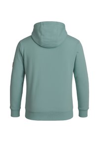 Felpa leggera color teal chiaro con cappuccio, polsini e orlo a coste, e un piccolo logo dettagliato sulla manica. Tessuto liscio con una vestibilità morbida.