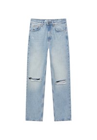 Ljusblå denimjeans med rak skärning, utrustad med två knärevor, blekt textur, fem fickor och knappgylf.