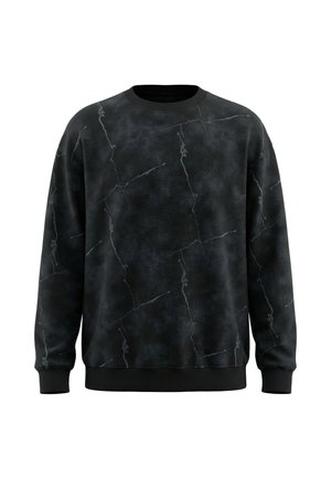 Hanorac negru cu guler rotund cu un model subtil de vene gri asemănător marmurei, mâneci și tiv cu dungi, expus pe fundal alb.