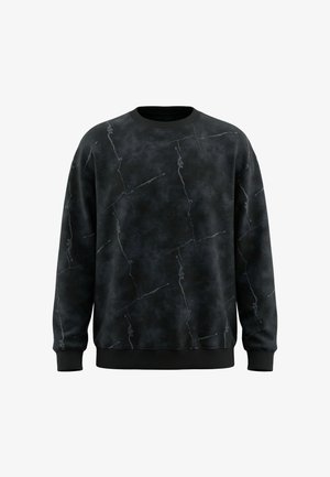 Hanorac negru cu guler rotund cu un model subtil de vene gri asemănător marmurei, mâneci și tiv cu dungi, expus pe fundal alb.
