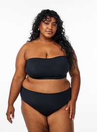 Black bandeau bikini top and high-waisted bottom, smooth fabric, minimalistic design, no embellishments, fitted cut, solid color.