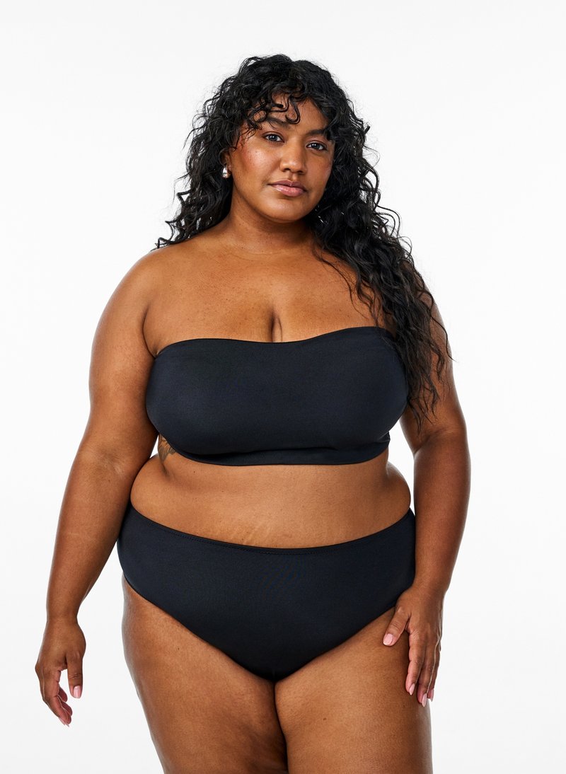 Black bandeau bikini top and high-waisted bottom, smooth fabric, minimalistic design, no embellishments, fitted cut, solid color.
