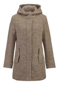 Bruine wolmix jas met een capuchon, voorzien van een centrale rits, twee voorzakken en een textuurafwerking. Eenvoudige rechthoekige silhouet.