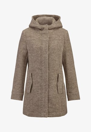 Brauner Wollmischungs-Mantel mit Kapuze, ausgestattet mit einem zentralen Reißverschluss, zwei Vorderentaschen und einer strukturierten Oberfläche. Schlichte rechteckige Silhouette.