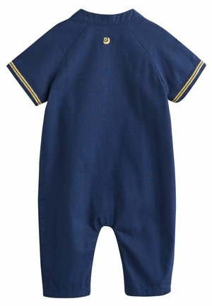 Rompers à manches courtes bleu marine avec col, présentant des accents dorés et une couture décorative sur les manches. Fabriqué en tissu doux, coupe décontractée.