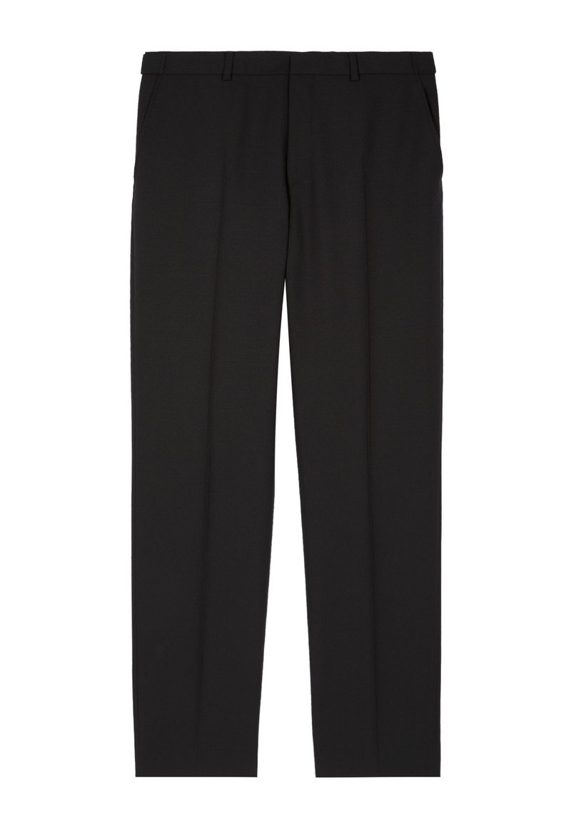 Pantalones formales negros con trabillas para cinturón y bolsillos laterales, con diseño de pierna recta y pliegue delantero.