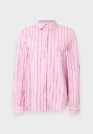 Růžová košile s dlouhým rukávem na knoflíky, svislé tenké černobílé pruhy, klasický límec a manžety na knoflíky.