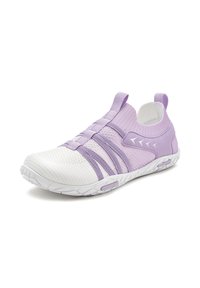 Purple and white athletic shoes with a mesh upper, elastic straps, and a textured rubber sole; features pull tabs for easy wear.