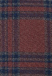 Tkanina w kratę o wyrazistych czerwonych, niebieskich i szarych kwadratach. Tekstura jest nieco szorstka, o wyraźnej i trwałej strukturze.