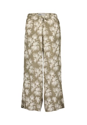 Jasnozielone spodnie o szerokim kroju nogawek, z białym wzorem tropikalnych liści, elastycznym pasem i detalem w postaci sznurkowego ściągacza do regulacji dopasowania.