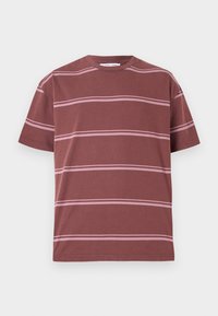 Maroon T-shirt with horizontal pink stripes, round neck, short sleeves, and a relaxed fit. Made of soft cotton material.