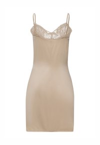 Vestido deslizante beige con un cuerpo con encaje, tirantes ajustables y una textura suave y lisa. Diseño simple y ceñido al cuerpo.