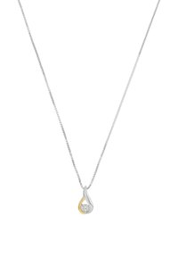 Srebrny naszyjnik łańcuszkowy z zawieszką w kształcie łzy, z złotym akcentem i centralnym przezroczystym kamieniem. Elegancki design z gładkimi teksturami.