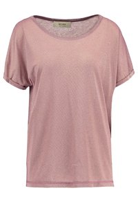 Sparkling pink short-sleeved top with a round neckline and rolled sleeves, made from a lightweight, textured fabric.