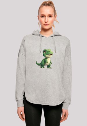 Light gray hoodie made of soft fabric, featuring a cartoon green dinosaur print on the chest. Cuffed sleeves and relaxed fit design.