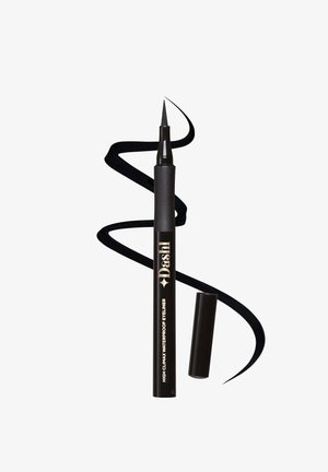 Stylos de ligneur liquide noir avec une pointe en feutre fine, un corps cylindrique élégant, une extrémité capuchonnée et une ligne de eye-liner noire tourbillonnante s'étendant de la pointe.