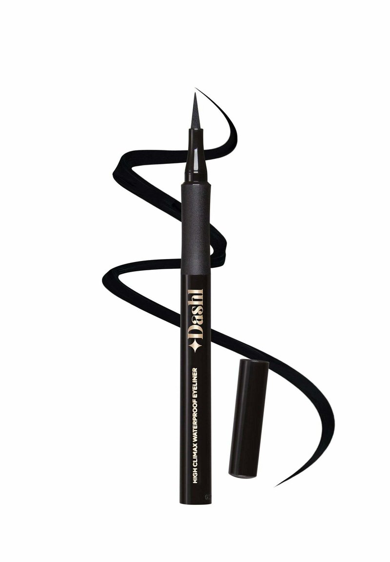 Black liquid eyeliner pen with a fine felt tip, sleek cylindrical body, capped end, and swirled black line of eyeliner extending from tip.
