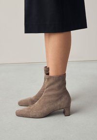 Stivaletti alla caviglia in camoscio talpa con punta appuntita e tacco a blocco di 5 cm, caratterizzati da dettagli cuciti lungo i lati e una texture liscia.