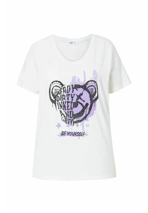 White cotton t-shirt with short sleeves, featuring a black and purple graphic of a bear's face and text reading "Be Yourself" below it.