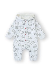 Body blanco para bebé con capucha, con ilustraciones de perros grises y botones a presión rojos en la parte delantera, los puños y las piernas.