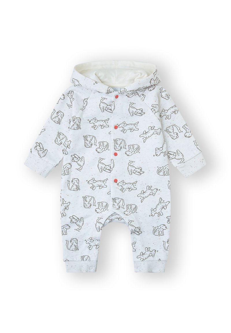 Body blanco para bebé con capucha, con ilustraciones de perros grises y botones a presión rojos en la parte delantera, los puños y las piernas.
