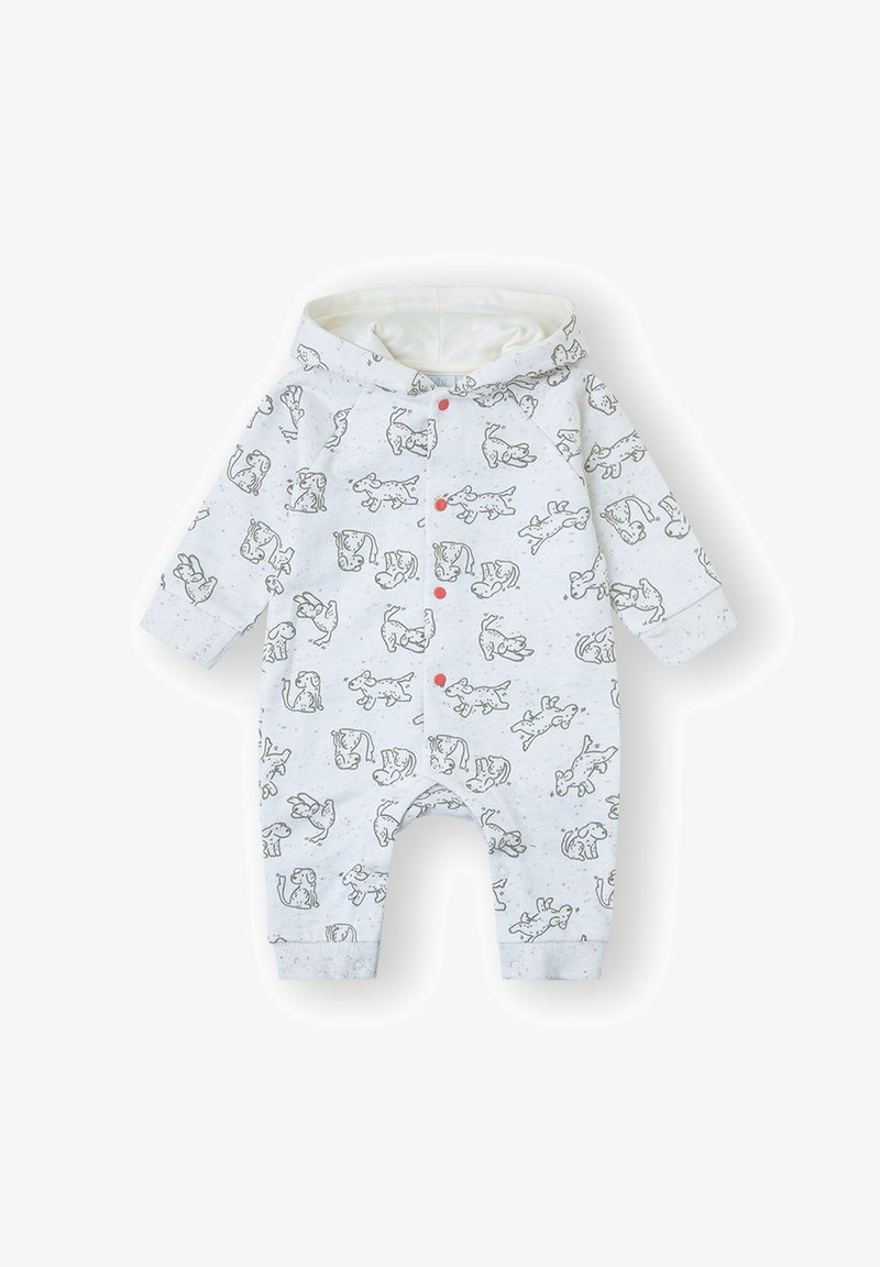 Body blanco para bebé con capucha, con ilustraciones de perros grises y botones a presión rojos en la parte delantera, los puños y las piernas.