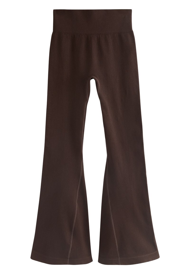 Braune Schlaghose aus geripptem Stoff, mit breitem elastischem Bund und glatter Textur, in entspannter Passform und mit ausgestelltem Bein.