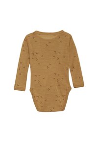 Långärmad baby body i senapsgul färg, med ett spritt brunt mönster av små rosetter. Mjuk tyg med en klassisk rundhalsad design.