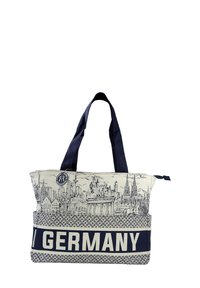 Canvas schoudertas met een illustratie van een Duitse stadsgezicht in marineblauw en crème, met de tekst "DUITSLAND" op het onderste deel en stevige handvatten.